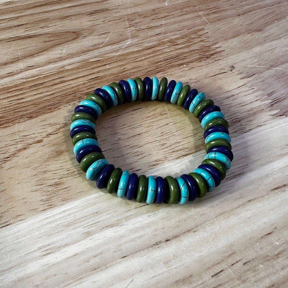 Handcrafted Disc Bead Elastic Stretch Bracelet Earthy Boho Artisan Style